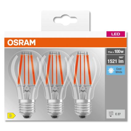Komplekt 3x LED-pirn BASE CLASSIC FILAMENT A60 E27/11W/230V 4000K - Osram