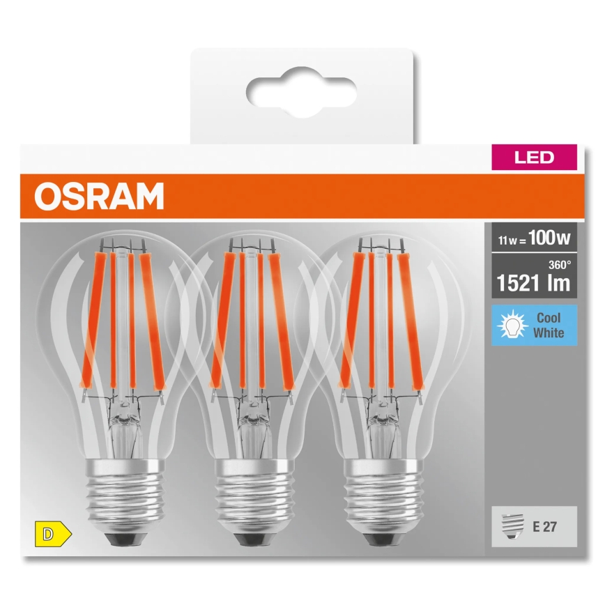 Komplekt 3x LED-pirn BASE CLASSIC FILAMENT A60 E27/11W/230V 4000K - Osram