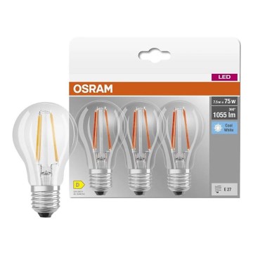KOMPLEKT 3x LED-pirn BASE CLASSIC FILAMENT A60 E27/7,5W/230V 4000K - Osram