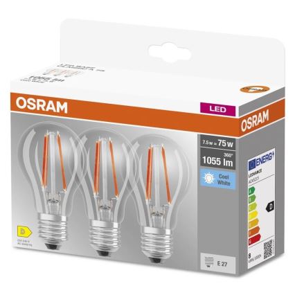 KOMPLEKT 3x LED-pirn BASE CLASSIC FILAMENT A60 E27/7,5W/230V 4000K - Osram