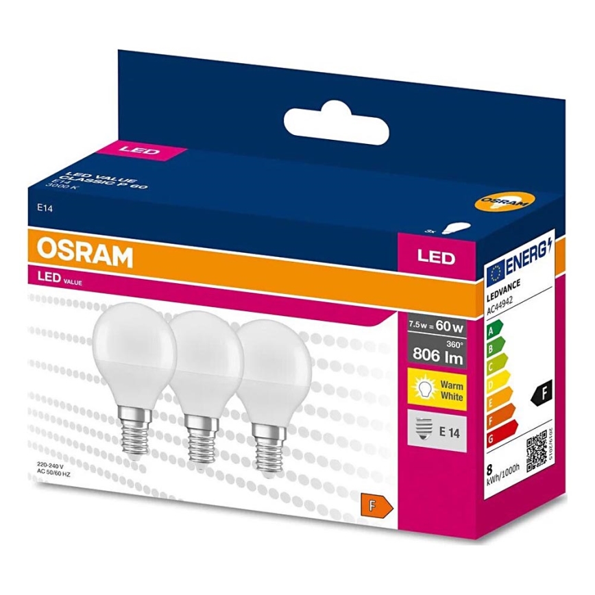 KOMPLEKT 3x LED Pirn P45 E14/7,5W/230V 3000K - Osram