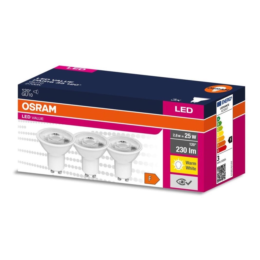 KOMPLEKT 3x LED Pirn PAR16 GU10/2,8W/230V 2700K 120° - Osram