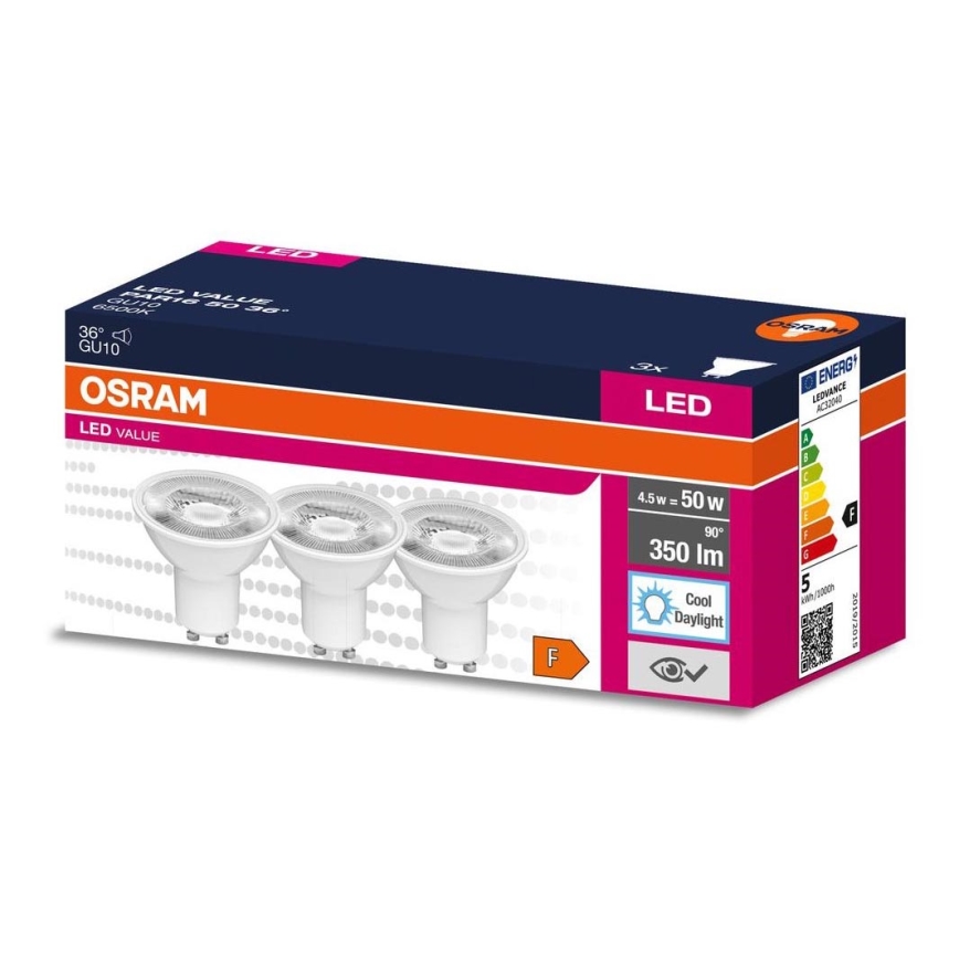 KOMPLEKT 3x LED Pirn PAR16 GU10/4,5W/230V 6500K 36° - Osram