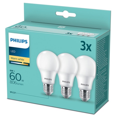 KOMPLEKT 3x LED Pirn Philips A60 E27/8W/230V 2700K