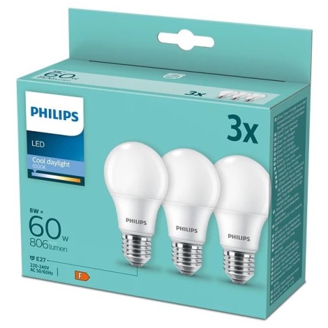 KOMPLEKT 3x LED Pirn Philips A60 E27/8W/230V 6500K