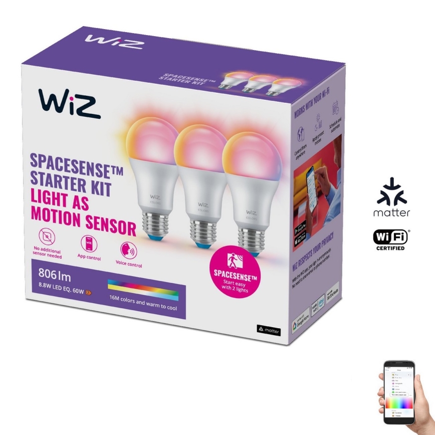 KOMPLEKT 3x LED RGBW Hämardatav pirn A60 E27/8,8W/230V 2200-6500K Wi-Fi - WiZ