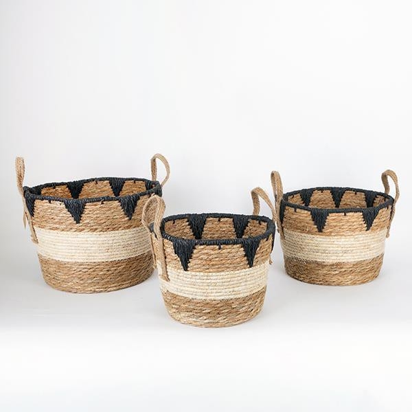 KOMPLEKT 3x Õlgedest korv beež/must 27x20/30x22/36x28 cm