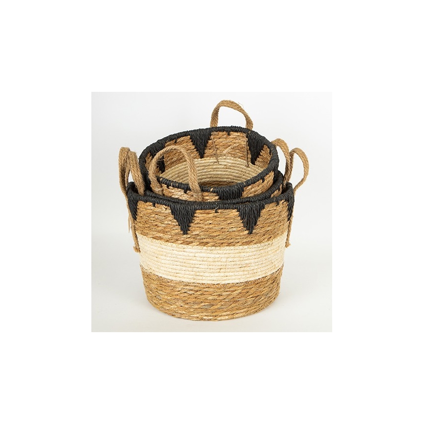 KOMPLEKT 3x Õlgedest korv beež/must 27x20/30x22/36x28 cm