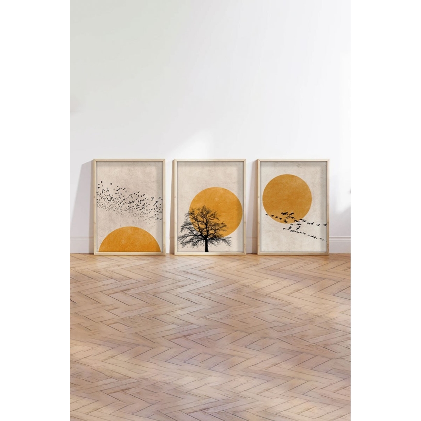 KOMPLEKT 3x Pilt pildiraamis 50x70 cm beež/kollane