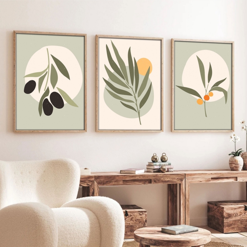 KOMPLEKT 3x Pilt pildiraamis 50x70 cm lehed