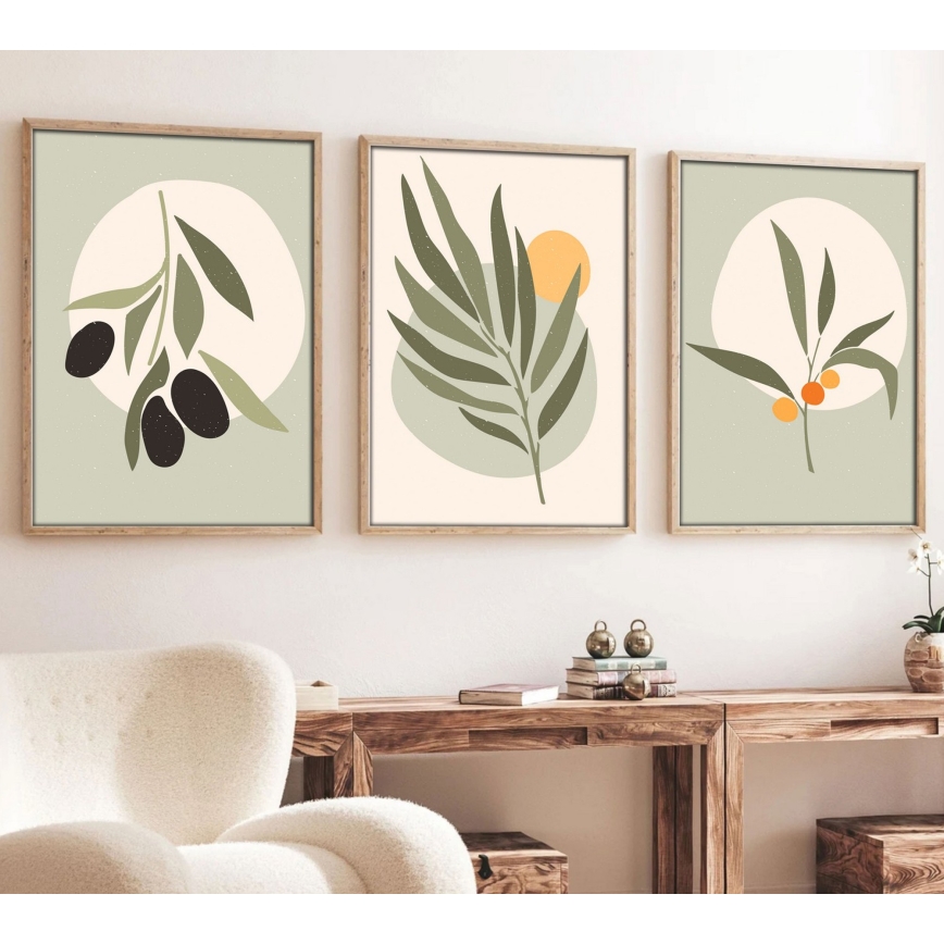 KOMPLEKT 3x Pilt pildiraamis 50x70 cm lehed