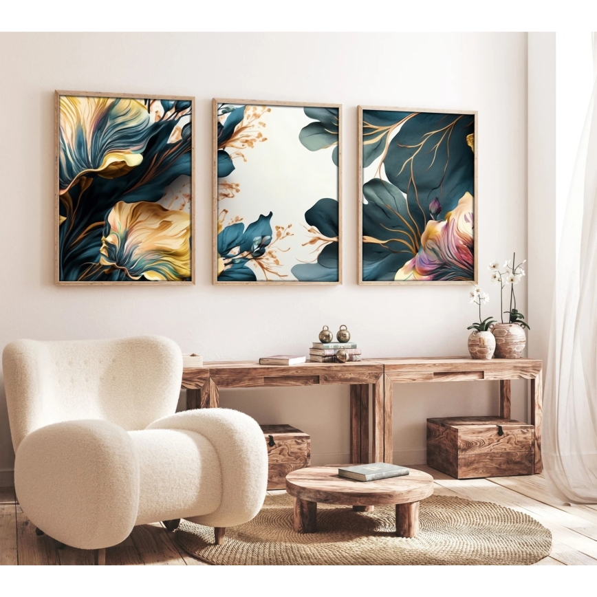 KOMPLEKT 3x Pilt pildiraamis 50x70 cm taimed