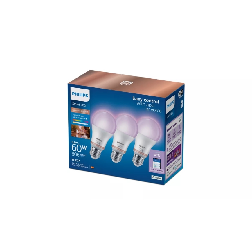 KOMPLEKT 3x RGB-LED hämardatav pirn Philips SMART A60 E27/8,8W/230V 2200-6500K