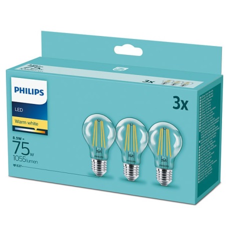 KOMPLEKT 3xLED Pirn Philips E27/8,5W/230V 2700K