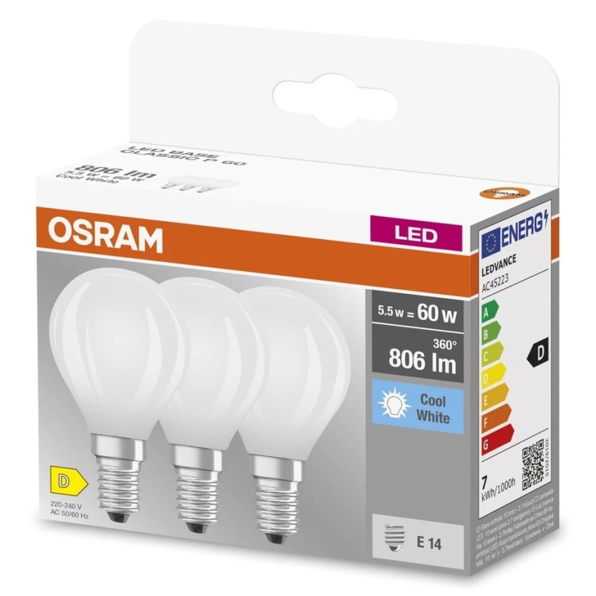Komplekt: 3× LED-pirni BASE CLASSIC FILAMENT E14/5,9W/230V 4000K - Osram