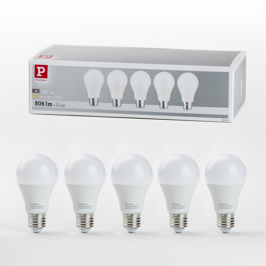 KOMPLEKT 5x LED Pirn A60 E27/9W/230V 2700K - Paulmann 28780