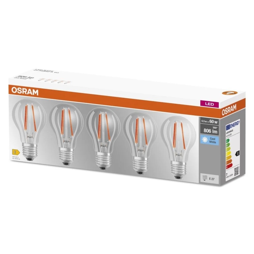 Komplekt 5x LED-pirni BASE CLASSIC FILAMENT A60 E27/7W/230V 4000K - Osram