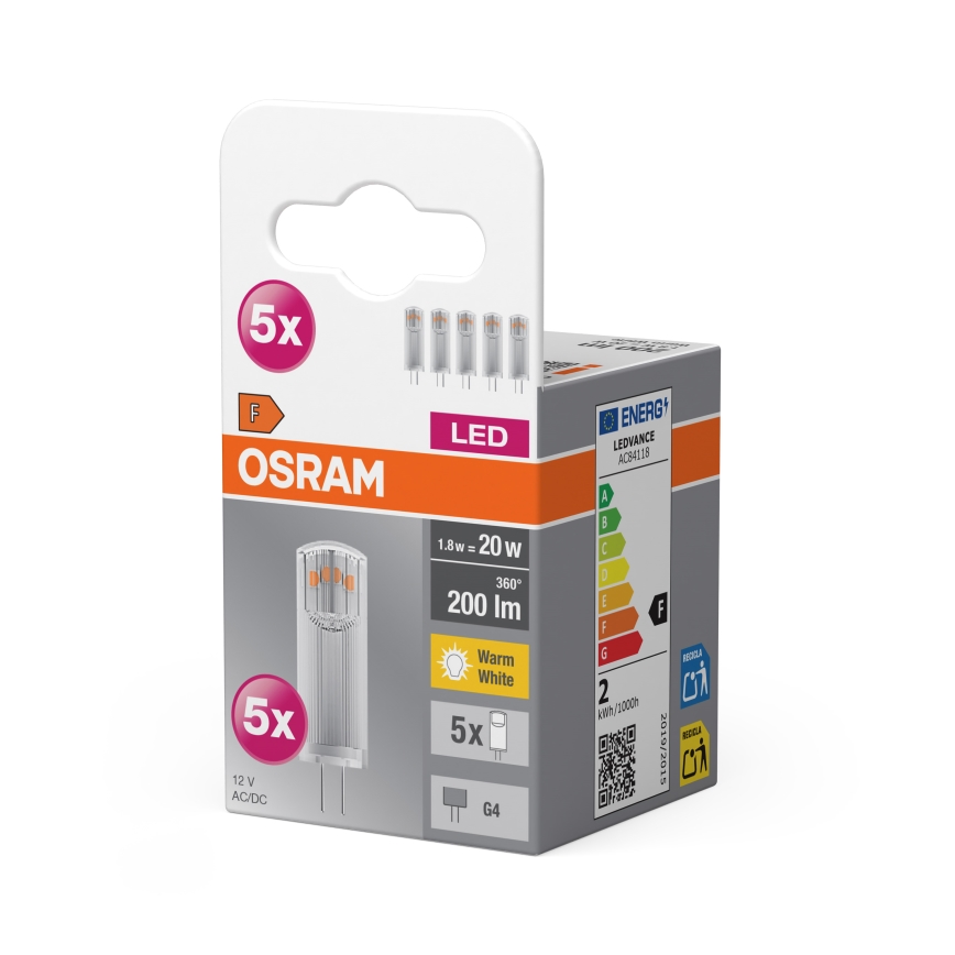 Komplekt 5× LED-pirni PIN G4, 1,8 W/12 V, 2700 K - Osram