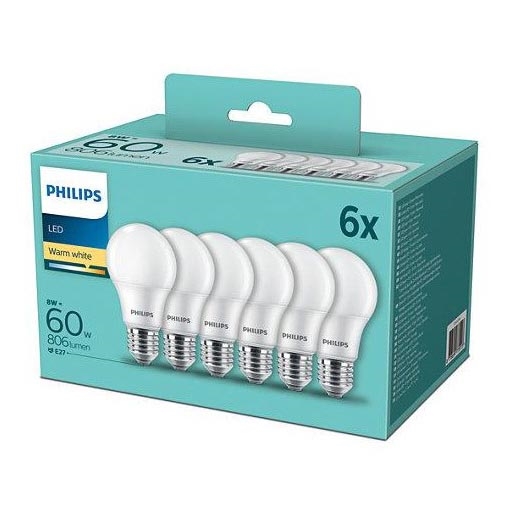 Komplekt 6 x LED Pirn Philips A60 E27/8W/230V 2,700K