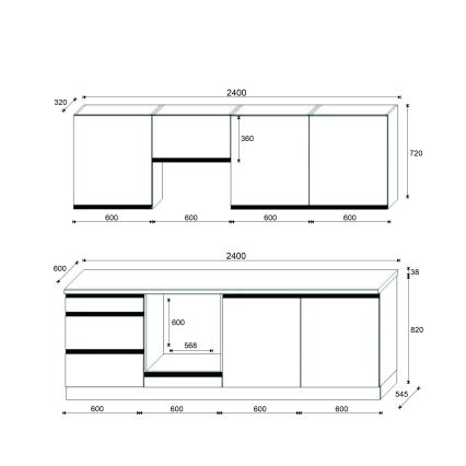 Köögikomplekt MARINA 240 cm craft-tamm/läikiv must