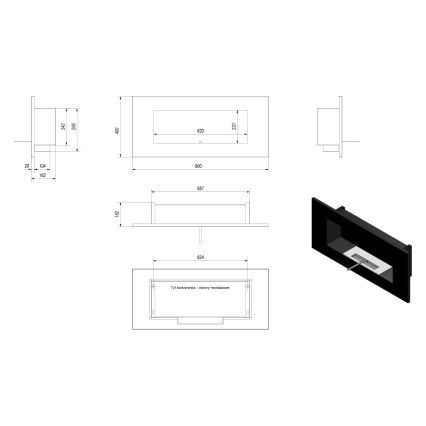 Kratki - Sisseehitatud biokamin 40x90 cm 2kW must