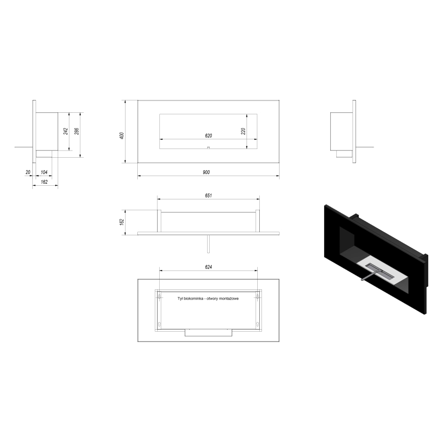 Kratki - Sisseehitatud biokamin 40x90 cm 2kW must