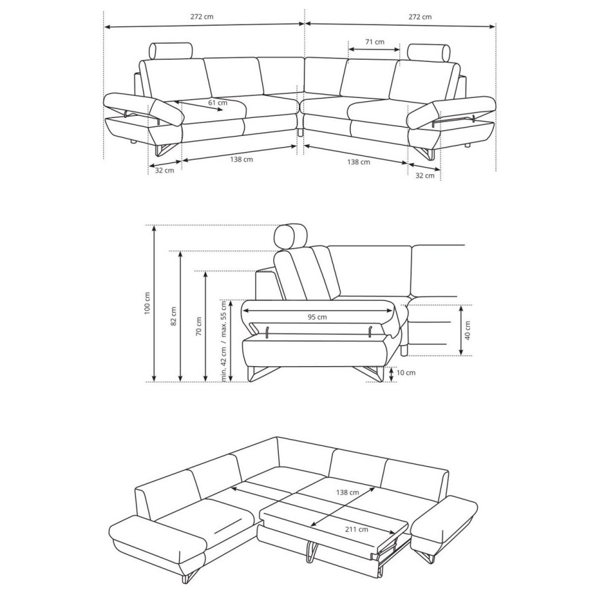 L-kujuline lahtikäiv polsterdatud nurgadiivan AVESTA, hoiuruumiga, antratsiit