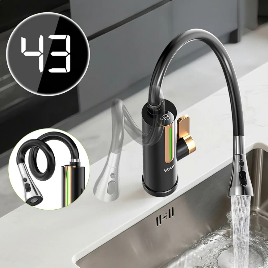 Läbivoolu veesoojendi LED-ekraaniga 3000W/230V IPX4 must