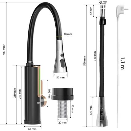 Läbivoolu veesoojendi LED-ekraaniga 3000W/230V IPX4 must/kuldne