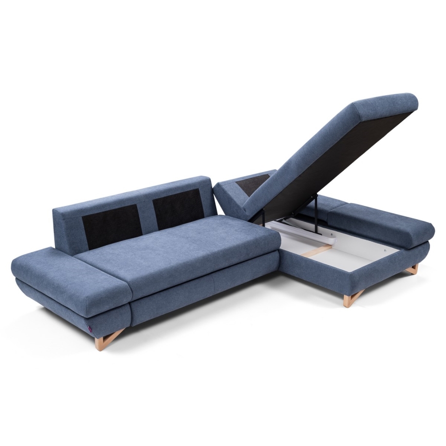 AVESTA lahtikäiv L-kujuline polsterdatud nurgadiivan panipaigaga, parempoolne, sinine