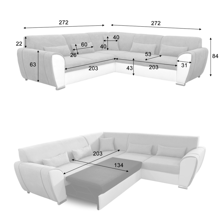 Lahtikäiv L-kujuline nurgadiivan VISEU, parempoolne, hoiuruumiga, hall/must