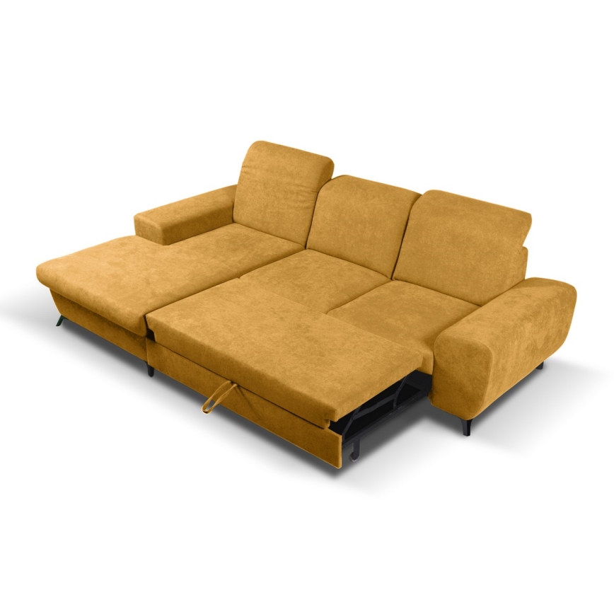 ALTA lahtikäiv L-kujuline polsterdatud nurgadiivanvoodi, vasakpoolse nurgaga, panipaigaga, kollane