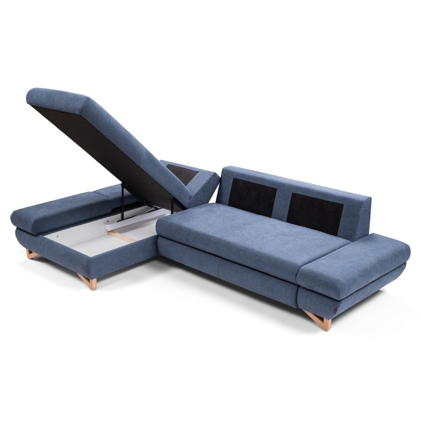 Lahtikäiv vasakpoolne L-kujuline polsterdatud nurgadiivan AVESTA, sinine, panipaigaga