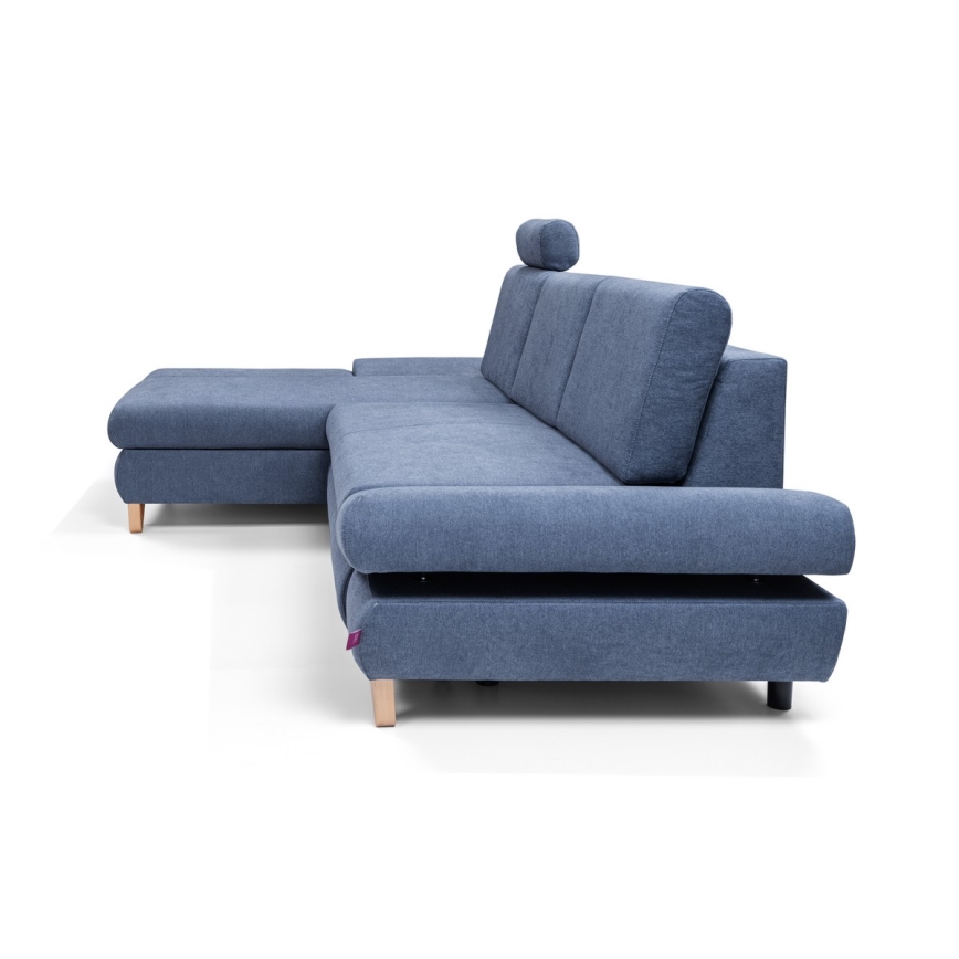 Lahtikäiv vasakpoolne L-kujuline polsterdatud nurgadiivan AVESTA, sinine, panipaigaga