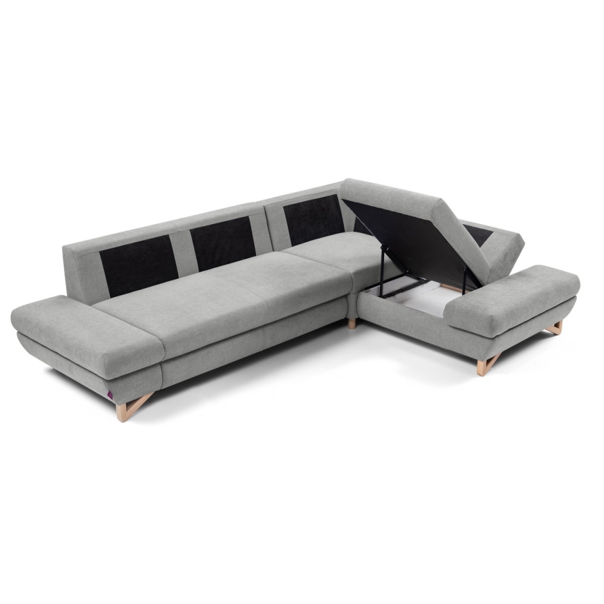 Väljatõmmatav polsterdatud nurgadiivan AVESTA, L-kujuline, parempoolne, panipaigaga, hall