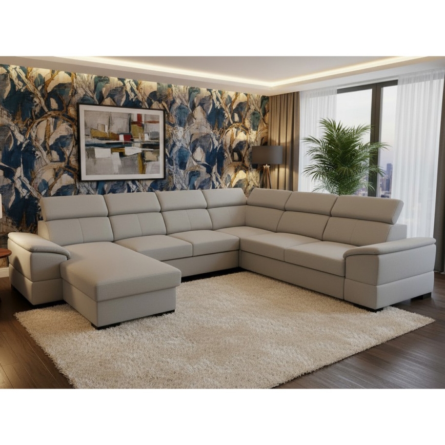 Lahtikäiv U-kujulise universaalse nurgaga diivanvoodi GRANADA, hoiuruumiga, helehall