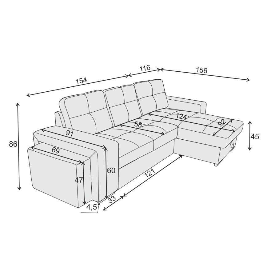 Laiendatav diivan hoiukastiga ja tumbaga PALERMO must vasakpoolne