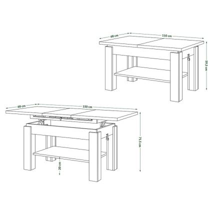 Laiendatav kohvilaud riiuliga ADONIS 110/150x68 cm craft-tamm
