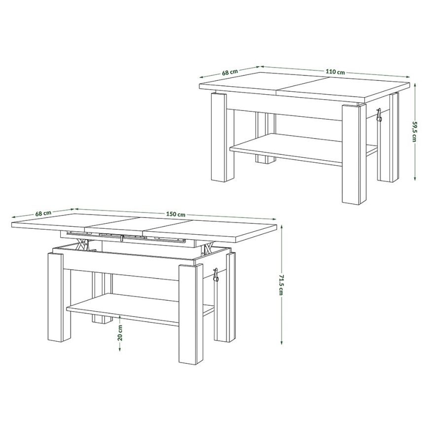 Laiendatav kohvilaud riiuliga ADONIS 110/150x68 cm craft-tamm
