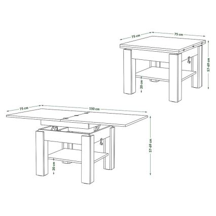 Laiendatav kohvilaud tõstetava lauaplaadiga CALEB 75/150x75 cm tamm craft/must