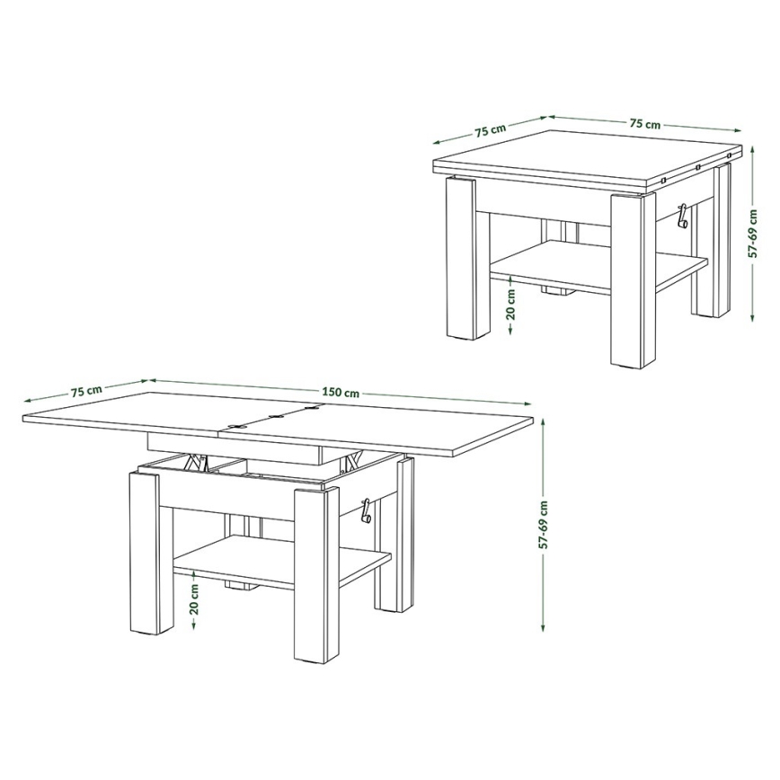 Laiendatav kohvilaud tõstetava lauaplaadiga CALEB 75/150x75 cm tamm craft/must