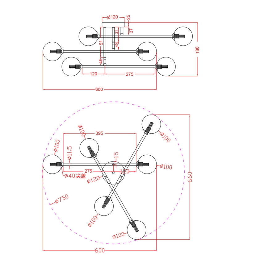 Lakke kinnitatav lühter DORADO 6xG9/28W/230V, must