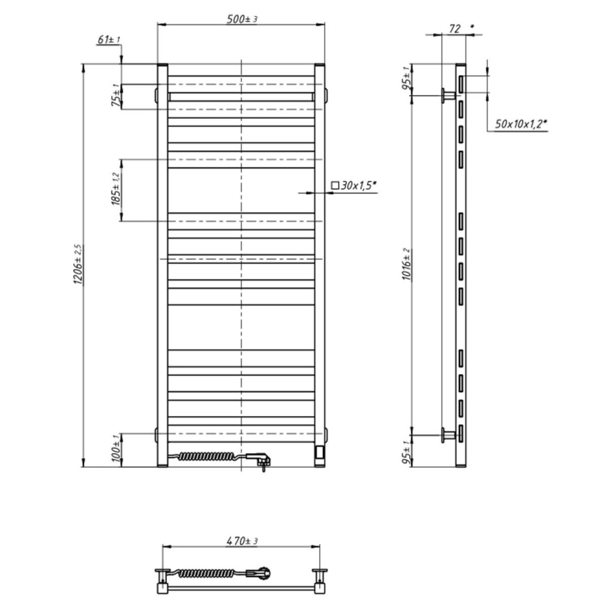 Vannitoa rätikuivatiradiaator termostaadiga LARGO 541W/230V 120,6 cm IP44 must vasakpoolne ruudukujuline