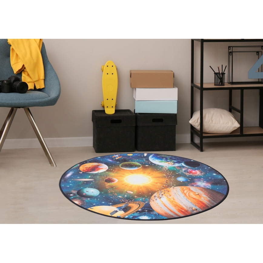 Laste libisemisvastane vaip PRINT 3D 80 cm planeedid/erksavärviline