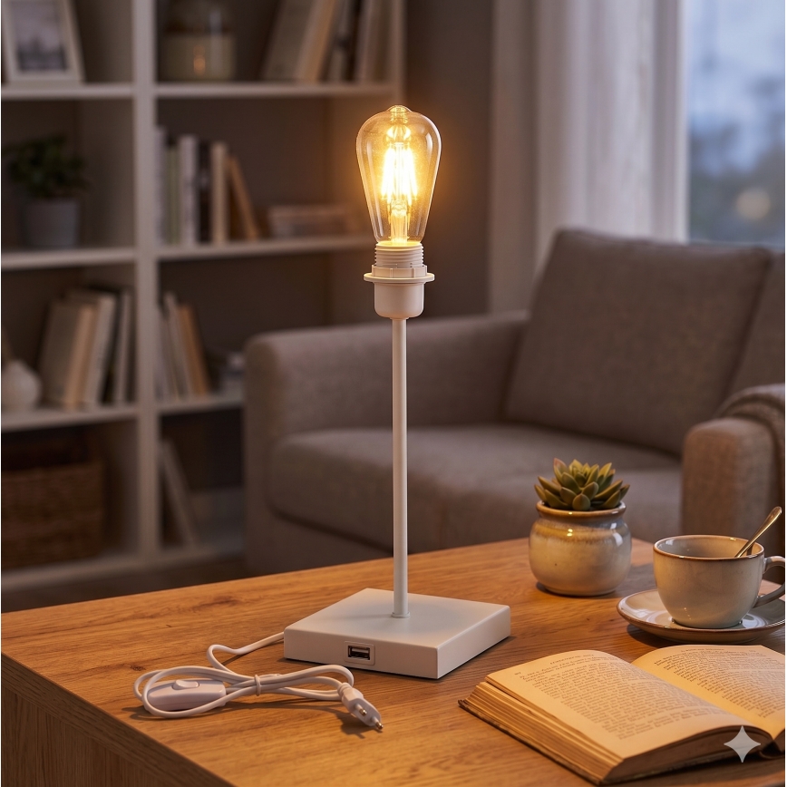 Laualamp USB-pordiga, 1xE27/15W/230V, valge