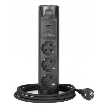 Lauaplaadi külge kinnitatav pistikupost 3x230V + USB-A + USB-C must
