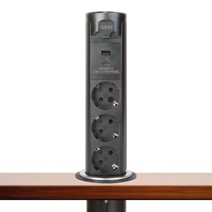 Lauaplaadi külge kinnitatav pistikupost 3x230V + USB-A + USB-C must