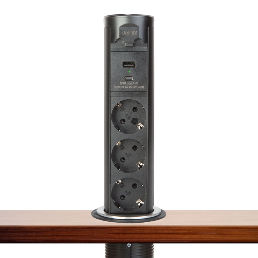 Lauaplaadi külge kinnitatav pistikupost 3x230V + USB-A + USB-C must