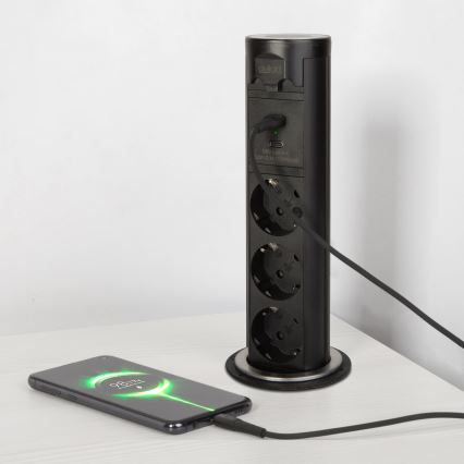 Lauaplaadi külge kinnitatav pistikupost 3x230V + USB-A + USB-C must