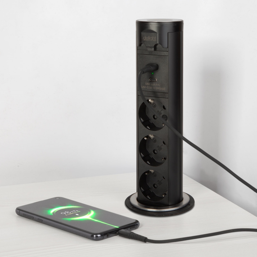 Lauaplaadi külge kinnitatav pistikupost 3x230V + USB-A + USB-C must